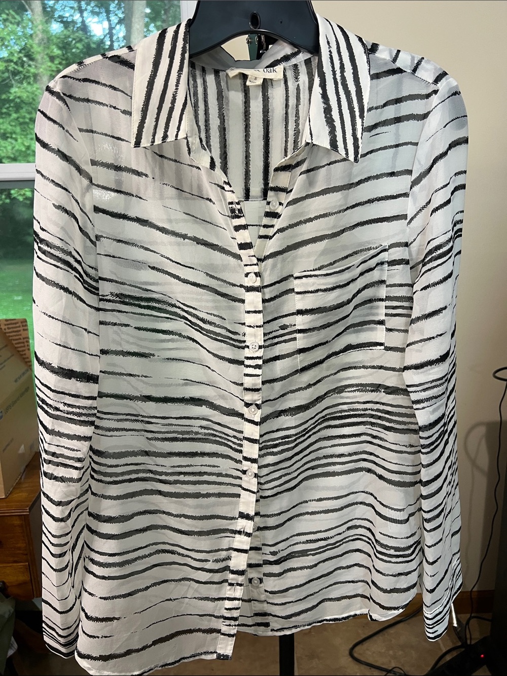 Olive & Oak White Sheer Button-Front Blouse with Black Brushstroke Stripes 2177